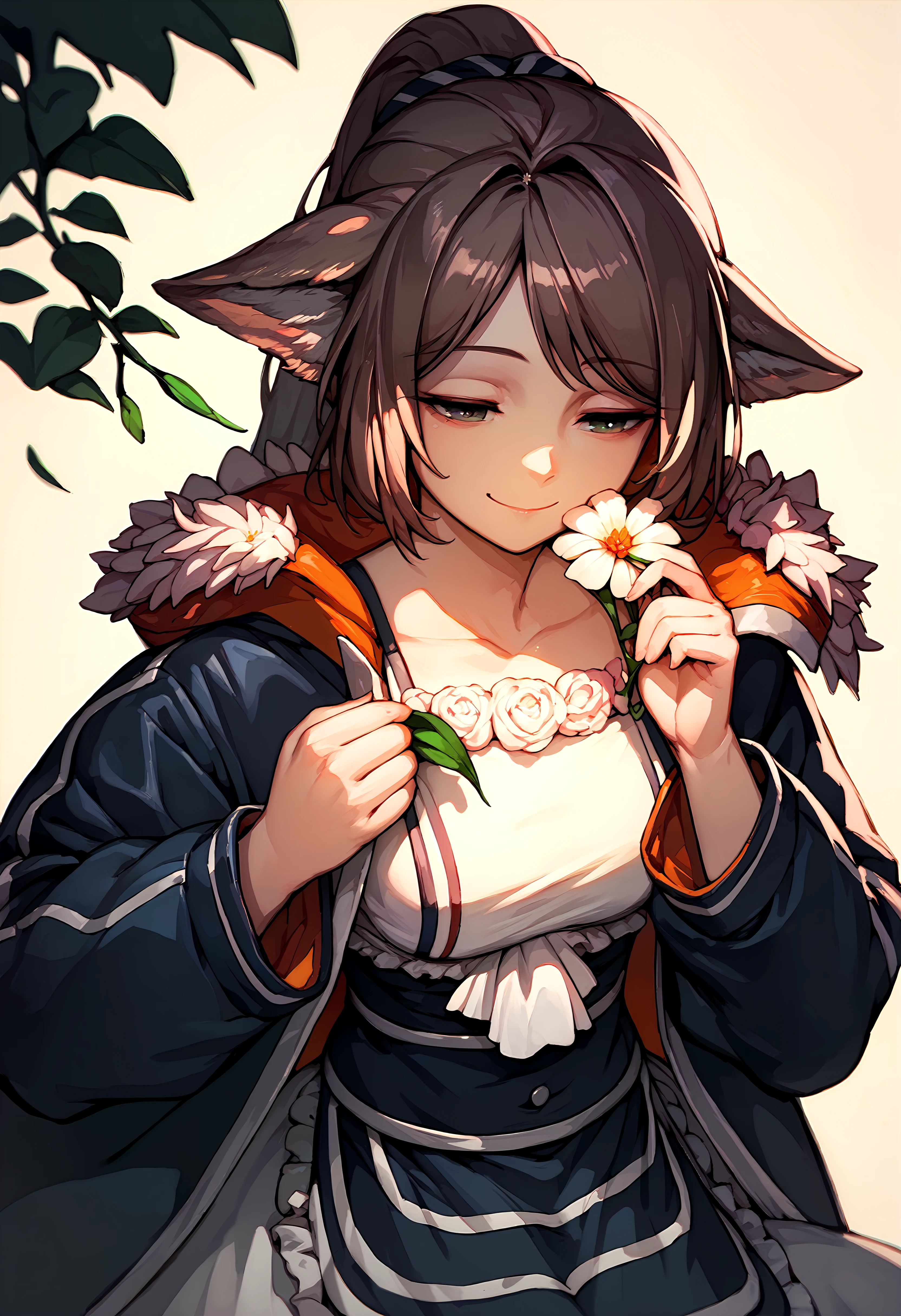 (score_9, score_8_up, score_7_up), 1girl, perfumer, open jacket, waist apron, smelling flower, smile, closed mouth, half-closed eyes, simple background, <lora:perfumer-akPO-v1c-000008:0.9>