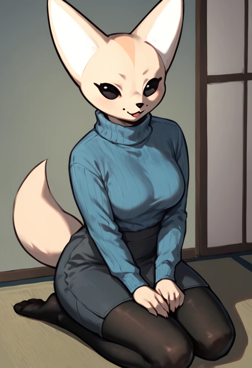 score_9, score_8_up, score_7_up, digital illustration, <lora:Smooth Anime Style LoRA XL:1>, solo, anthro: 1.1, (female, 1 female, <lora:Fenneko:1>, fenneko), ((very light blue turtleneck sweater)), (gray skirt), black pantyhose, on knees, sitting at zataku japanese table, (in japanese style room), detailed background