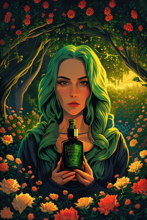 masterpiece,best quality,<lora:tbh160-:0.9>,illustration,style of Dan Mumford,portrait of Cthulhu A bottle of perfume in garden