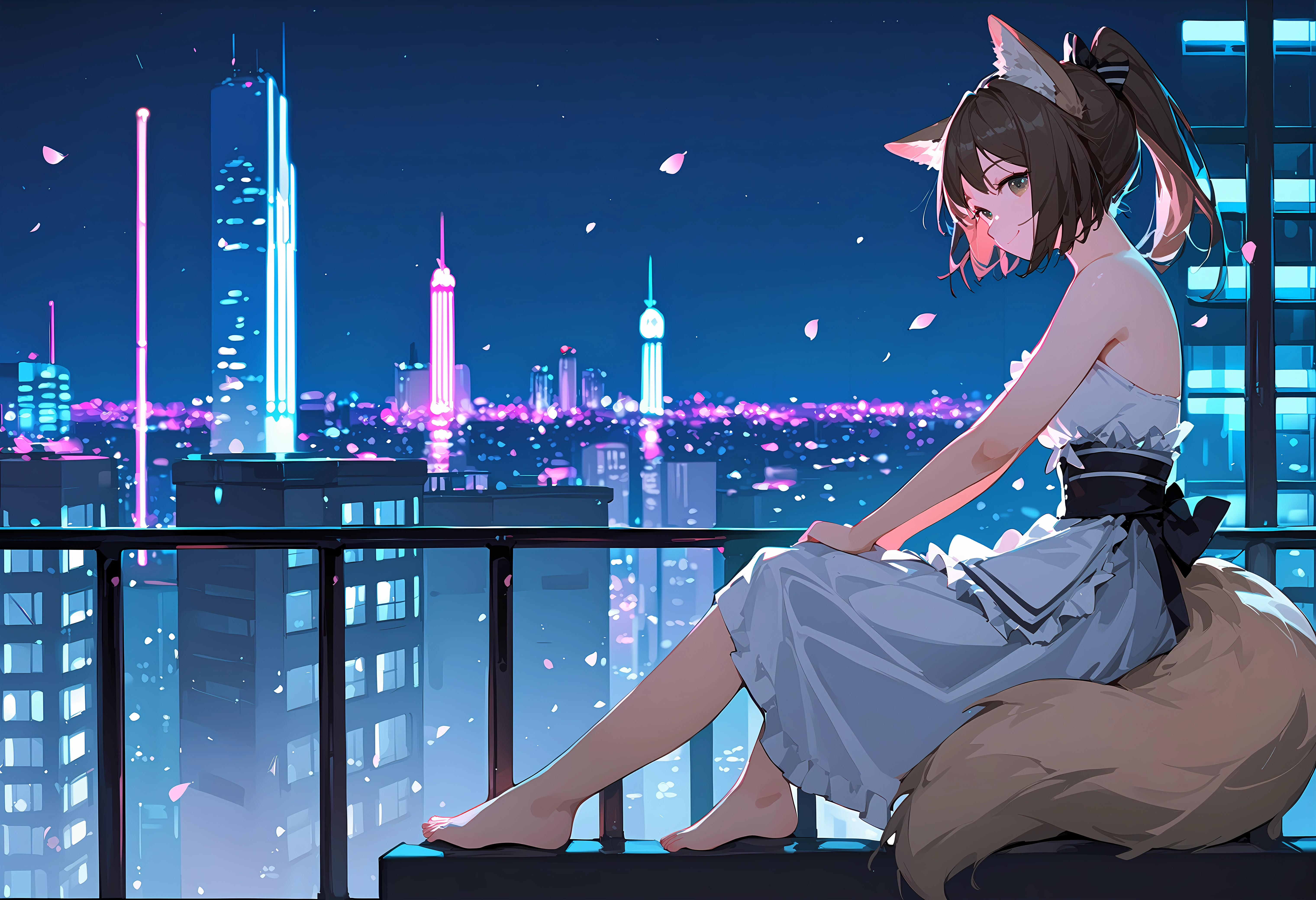 (score_9, score_8_up, score_7_up), 1girl, solo, perfumer, bare arms, bare shoulders, barefoot, fox tail, waist apron, smile, closed mouth, neon lights, skyscraper, night, railing, sitting, from side, rooftop, petals, <lora:perfumer-akPO-v1c-000008:0.8>