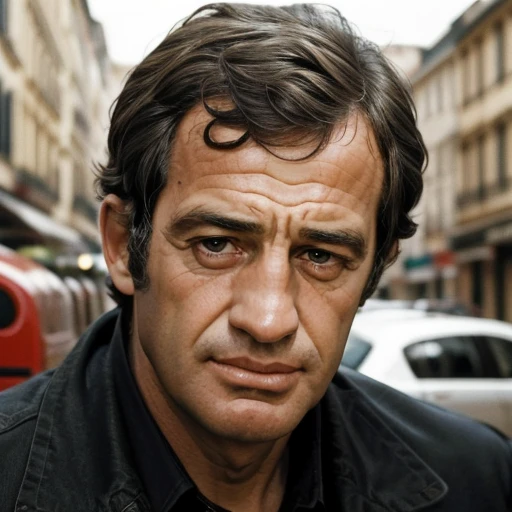 1boy, jpbelmondo, man, mid-forties, looking at the viewer, focus on face, portrait, solo, blurry background, <lora:Jean-Paul_Belmondo:1>