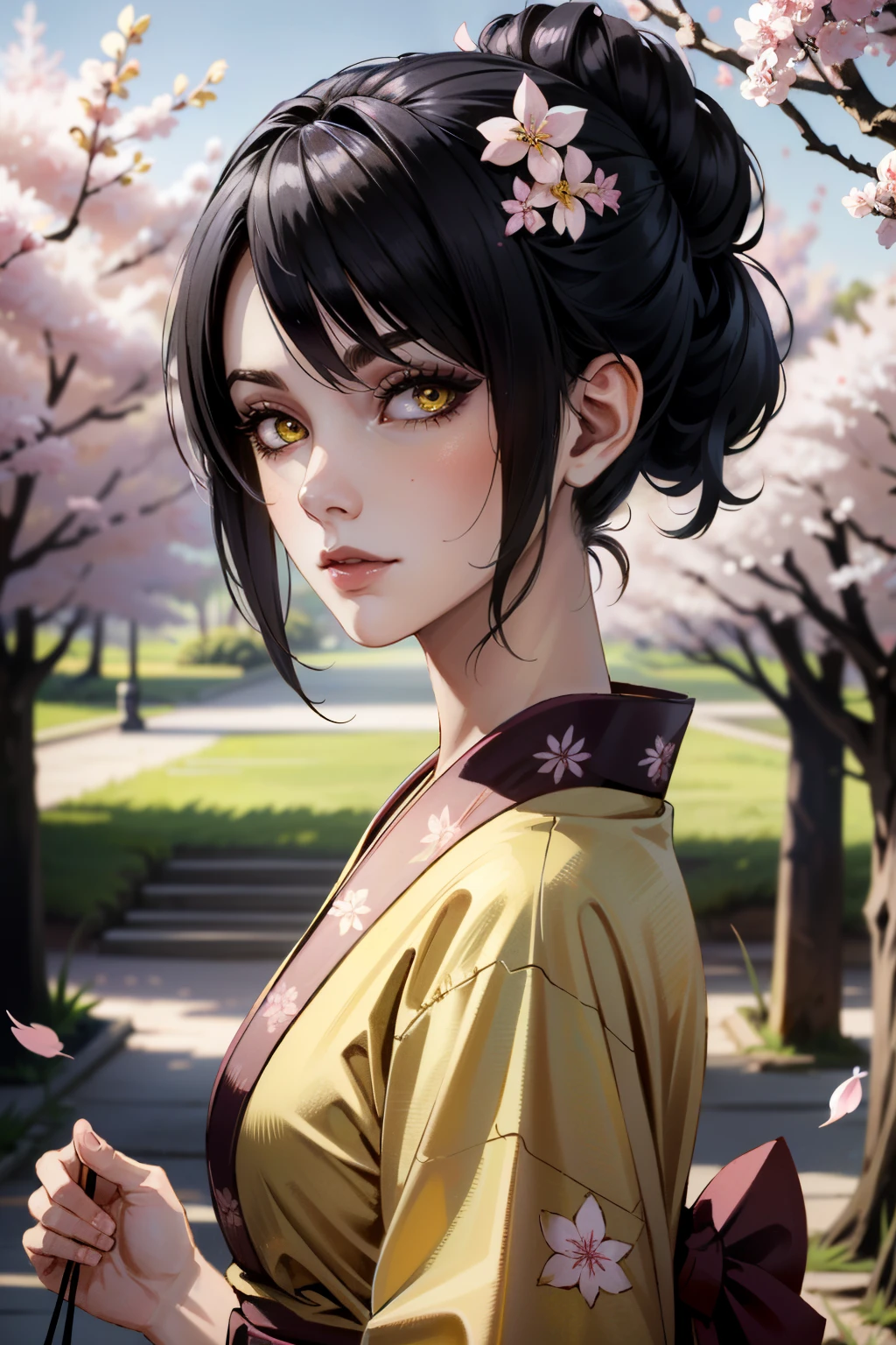 ((ultra detailed, masterpiece, absurdres))
 <lora:DAMorrigan:0.8>
DAMorrigan, 1girl, black hair, hair bun, yellow eyes, yukata, japan, cherry blossoms, hair ornament