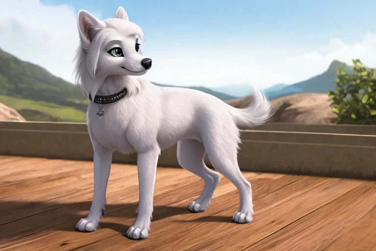 ((solo)), dog, iris, female, feral, tail, ((short legs)), sitting, anatomically correct, realistic fur, detailed, quadruped, collar, best quality, outside, , masterpiece, detailed eyes, detailed pupil, ((full body)),