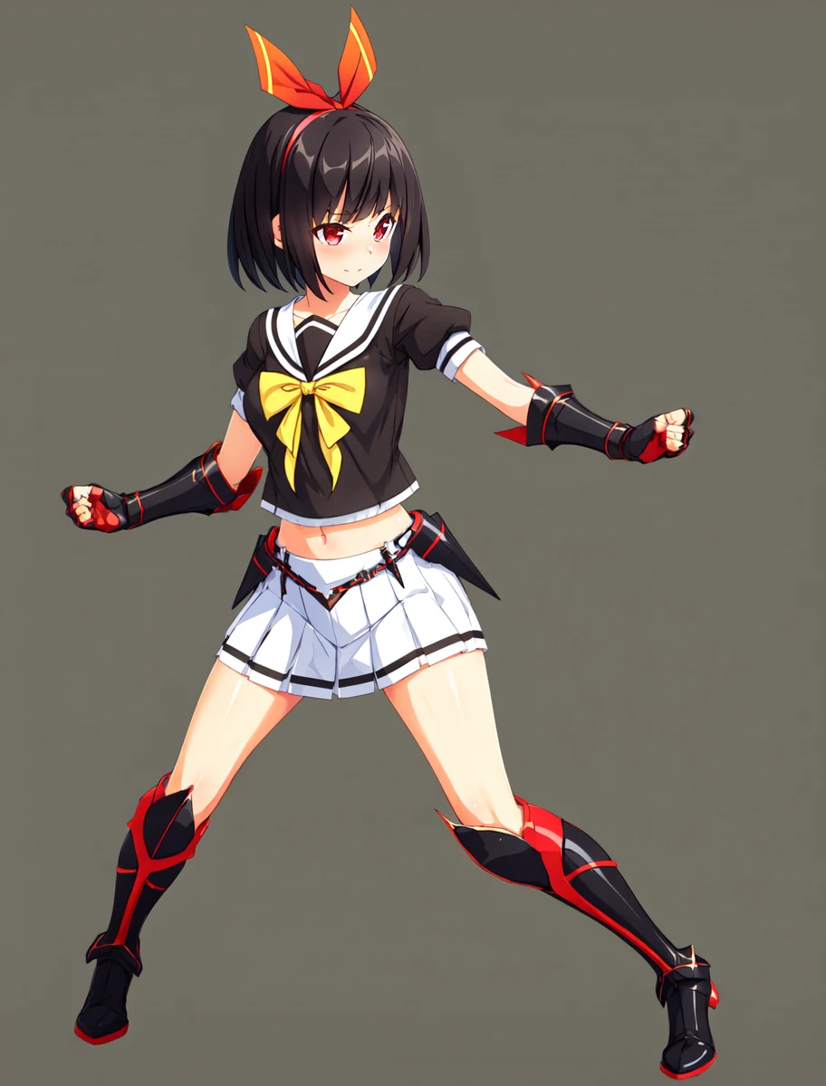 masterpiece, best quality,
1girl,solo, <lora:kujounagisa.sd15.v1:0.8> kujou nagisa, clenched hands, red hair ribbon, serafuku, yellow bowtie, white background, black gauntlets, fingerless gloves, black footwear, armored boots, standing, fighting stance, full body,