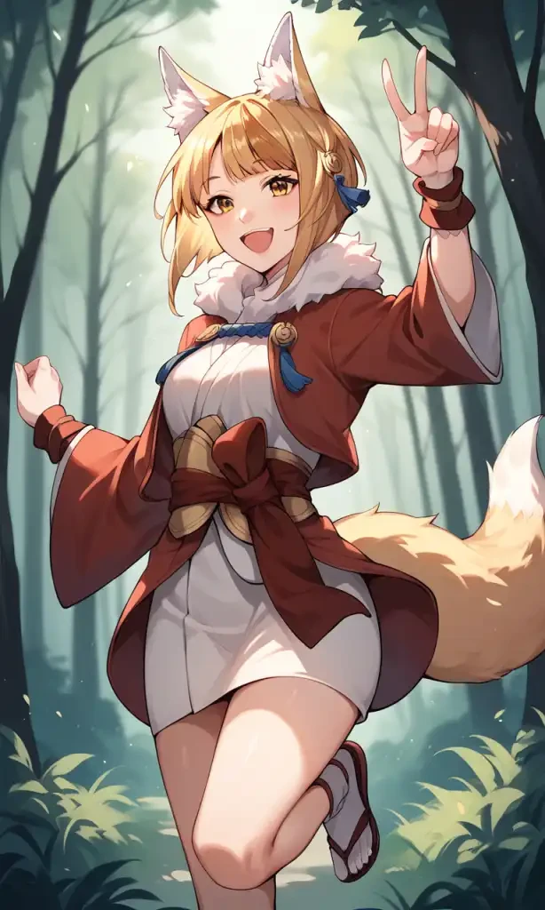 score_9, score_8_up, score_7_up, source_anime, 1girl, selkie, fox ears, fox tail, forest, hair ornament, happy, 