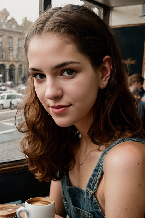 <lora:KimmieCream:0.8> full color portrait of a young woman, having coffee at a vintage cafe, natural light, RAW photo, subject, 8k uhd, dslr, soft lighting, high quality, film grain, Fujifilm XT3, Nikon D850