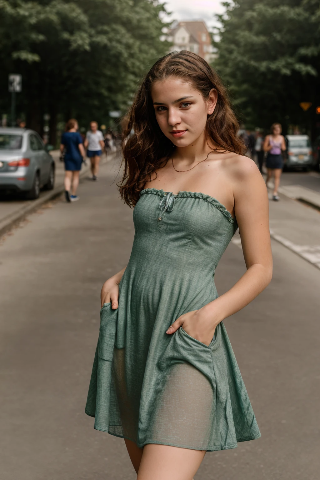 <lora:KimmieCream:0.8> full color portrait of a young woman, wearing a summer dress, in a crowded street, natural light, RAW photo, subject, 8k uhd, dslr, soft lighting, high quality, film grain, Fujifilm XT3, Nikon D850