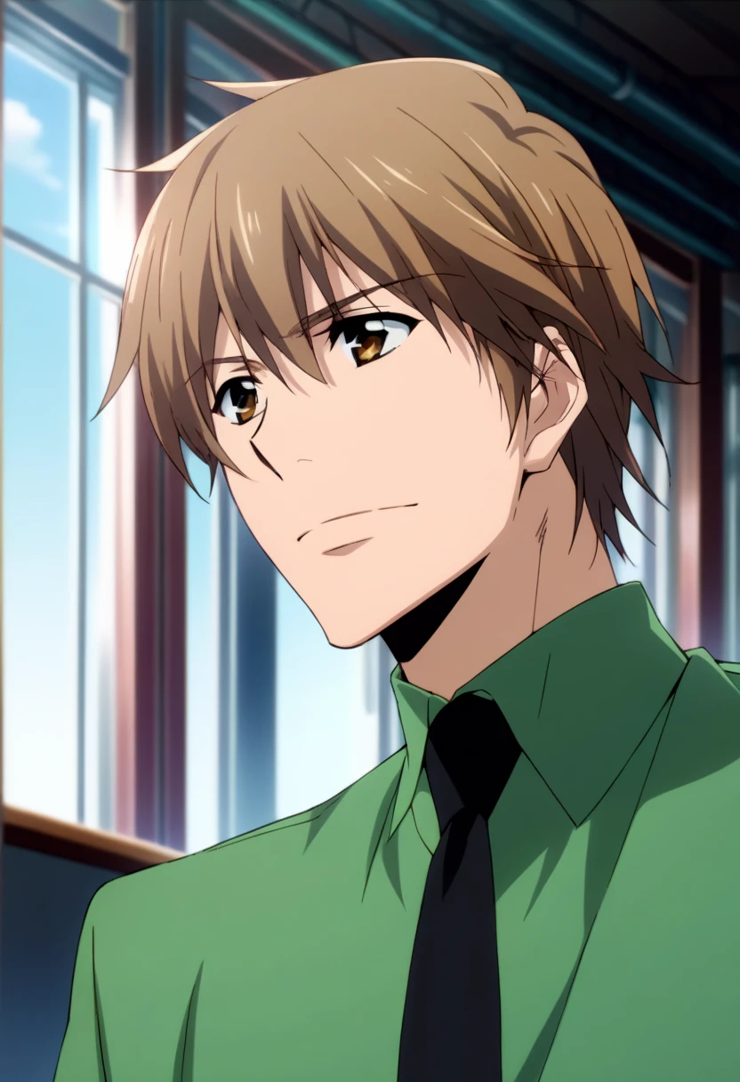 score_9, score_8_up, score_7_up, score_6_up, highly detailed, masterpiece, best quality,detailed,intricate details, amazing quality, best aesthetic, absurdres,source_anime,Futa_tyl, brown hair, brown eyes, green shirt,collared shirt, necktie, 1boy<lora:EMS-397379-EMS:1.000000>