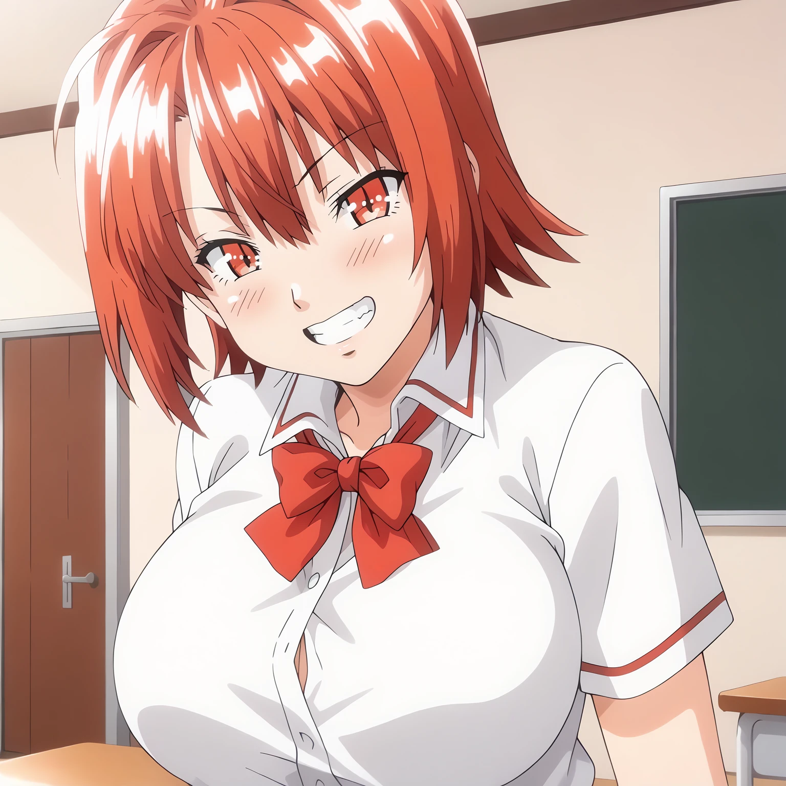 <lora:YuukaYoshiiXLpony001>,
blush,grin,
solo,
YuukaYoshii,1girl,red hair,short hair,
red eyes,large breasts,
school_uniform,white shirt,red bowtie,
upper body,