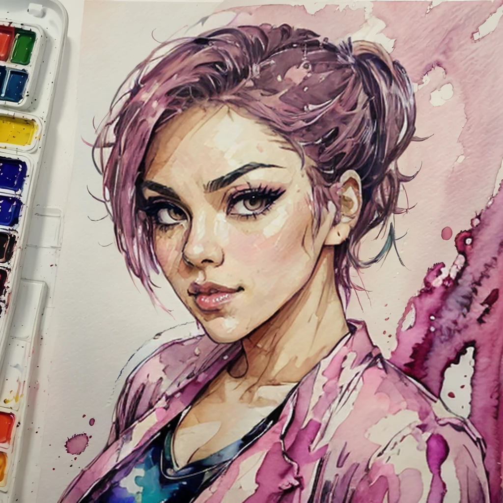 Watercolor painted manga line drawing, 1girl, medium shot, head-and-shoulders, WhitDel <lora:WhitneyDelgado_v2:1>, medium pink hair, undercut hairstyle, parted lips, art by Inio Asano and David Mack, heavy inks, easel, canvas, wistful, vulnerable, sad