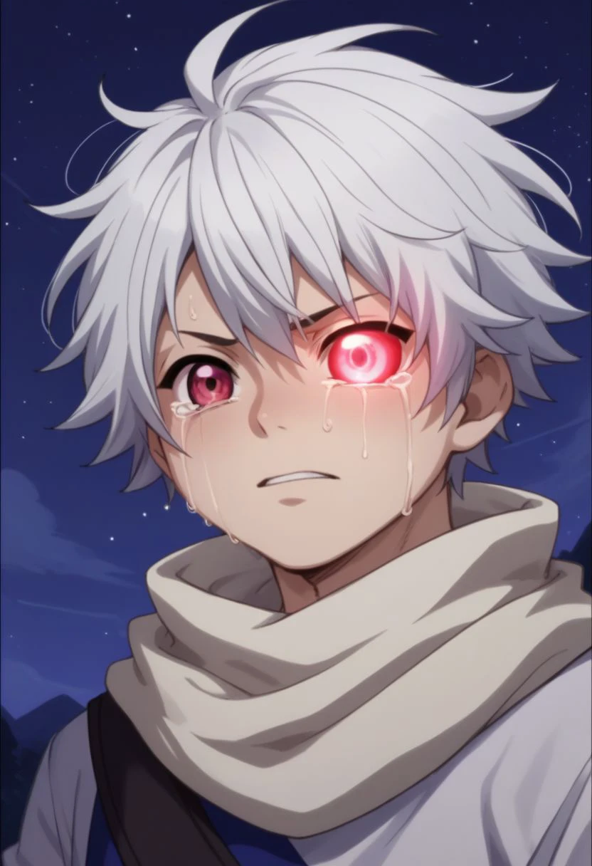 score_9, score_8_up, score_7_up, source_anime, highly detailed, 
lag, 1boy, male focus, solo, white hair, one eye glowing, purple eye, red eye, parody, glowing, tears, scarf, sweat, heterochromia
outdoor, night sky,