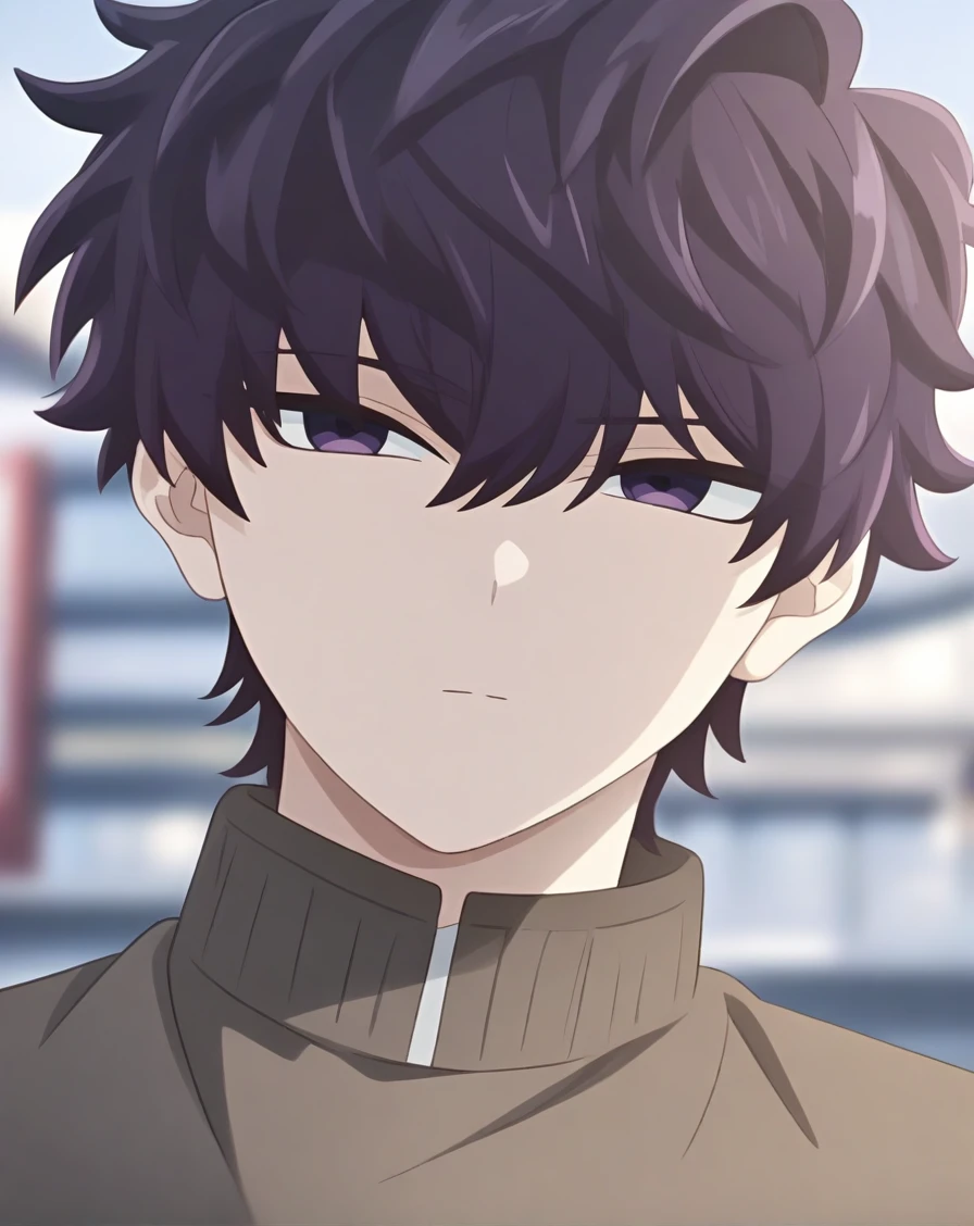 masterpiece, best quality, very aesthetic, absurdres, very detailed, safe, depth of field, ((1boy, solo, male only, male focus, face focus)),  <lora:komi_shousuke_sdxl_lora:1>, (komi shousuke, purple hair, purple eyes, short hair, hair between eyes, bangs, pale skin), happy, looking at viewer, facing viewer, outdoors,