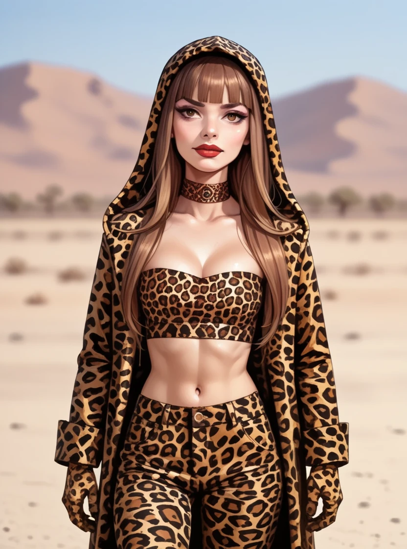 score_9, score_8_up, score_7_up, score_6_up, score_5_up, score_4_up, 1girl, long brown hair, brown eyes, blunt bangs, red lips, makeup, hud_t_d_i_m_m,  leopard print coat, tube top, choker, hood, gloves, pants, <lora:impress_me:0.8>, desert, portrait