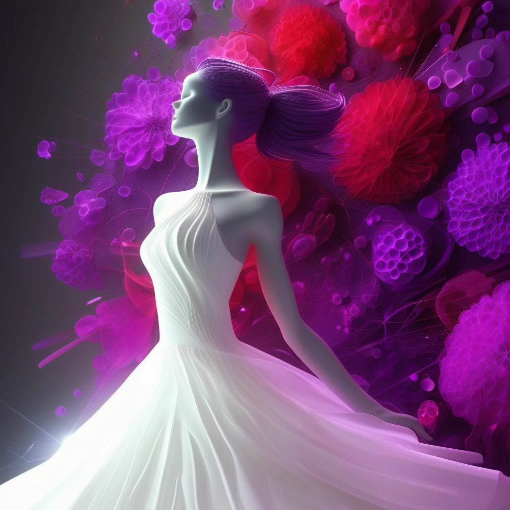 close-up, white dress, bare shoulders, earrings, red moon, purple flower, explosion, purple theme, light rays, 1other