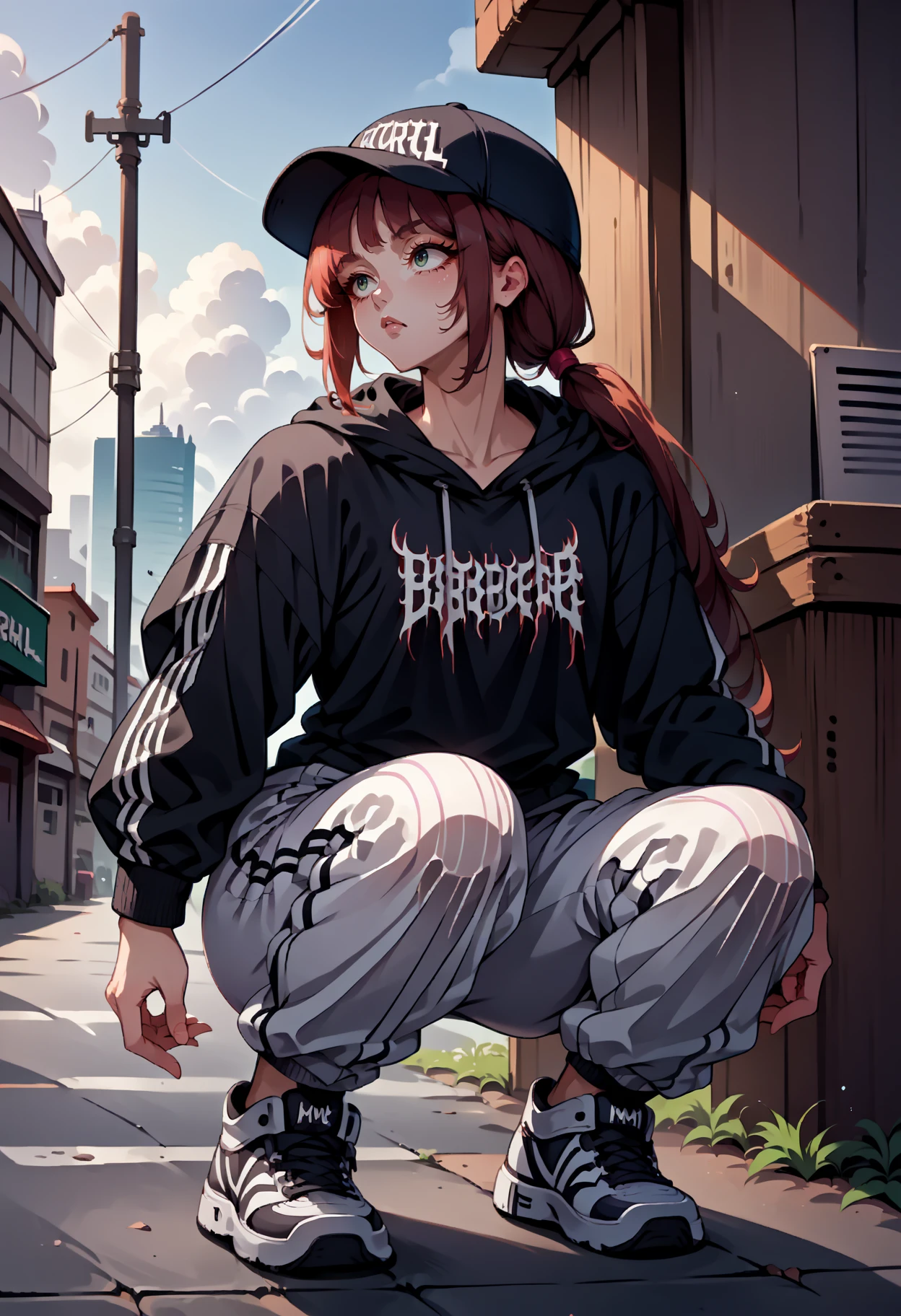 score_9, score_8_up,score_7_up, source_anime,1girl, solo, <lora:EPblackmetalprint-000012:1>, EPblackmetalprint, wearing EPblackmetalprint, black hoodie, hood down, baggy pants, white pants, sneakers, air jordan 1, baseball cap, 1girl, long hair, low ponytail, outdoors, squatting, mean girl