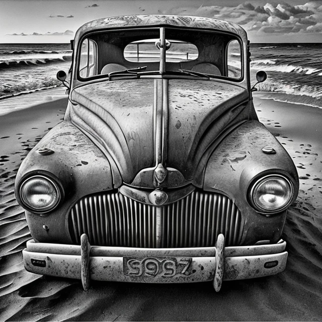 old car in beach, monochrome, greyscale, realistic,  <lora:bwLaser-000013:0.7>