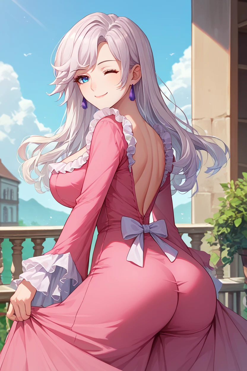 score_9, score_8_up, score_7_up, score_6_up, source_anime, BREAK 1girl, solo,  <lora:esri-pdxl-nvwls-v1-000005:1> esritd, white hair, blue eyes, earrings, pink dress, ass, frills, frilled sleeves, large breasts, wink, smirk, from behind, looking at you, blue sky, balcony, mature female