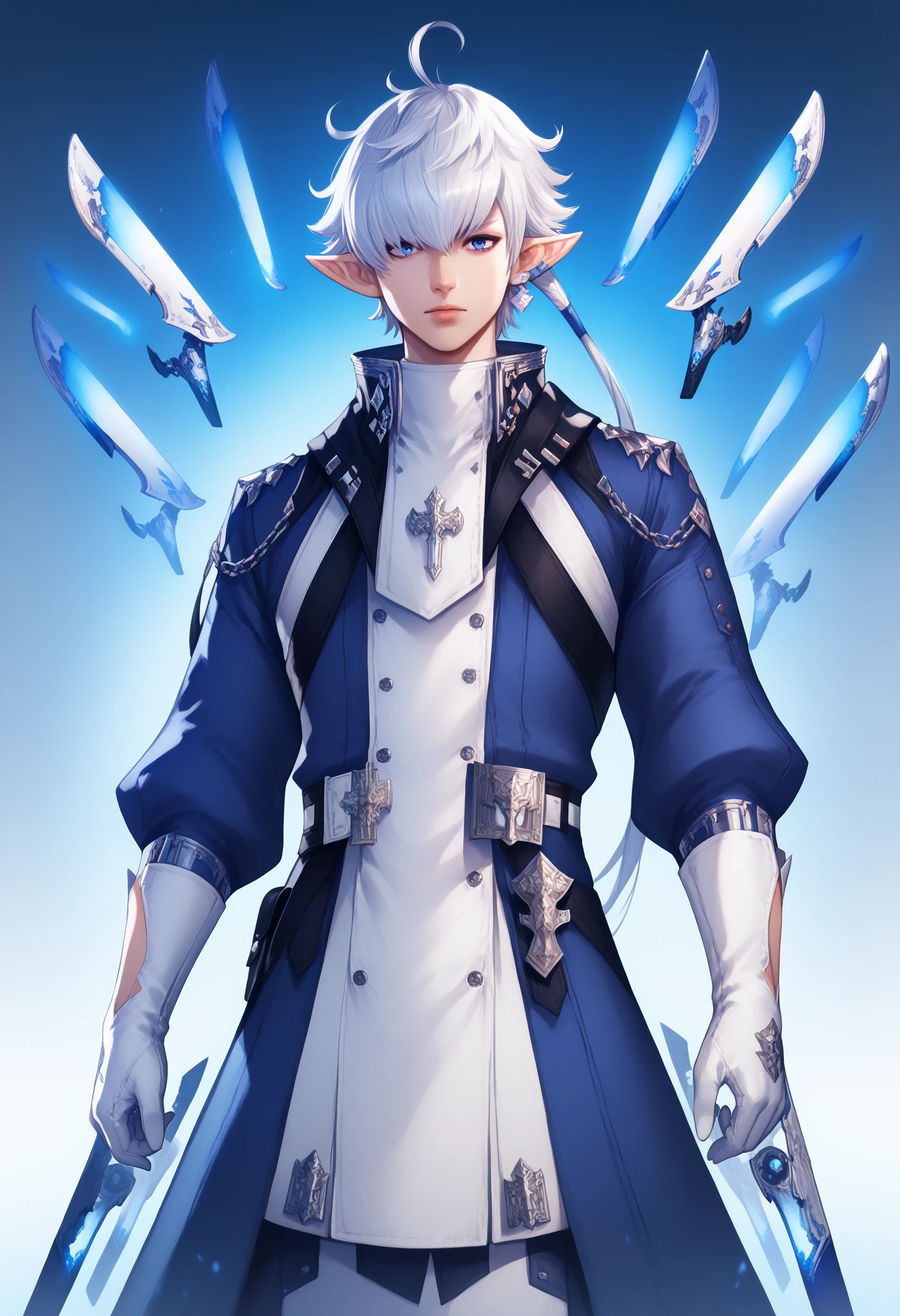 Alphinaud, long hair, looking at viewer, blue eyes, gloves, jewelry, ahoge, belt, white gloves,  coat, blue coat, floating object, earclip, floating weapon, specular highlights, , zPDXL , <lora:Alphinaud_FFXIV:1>