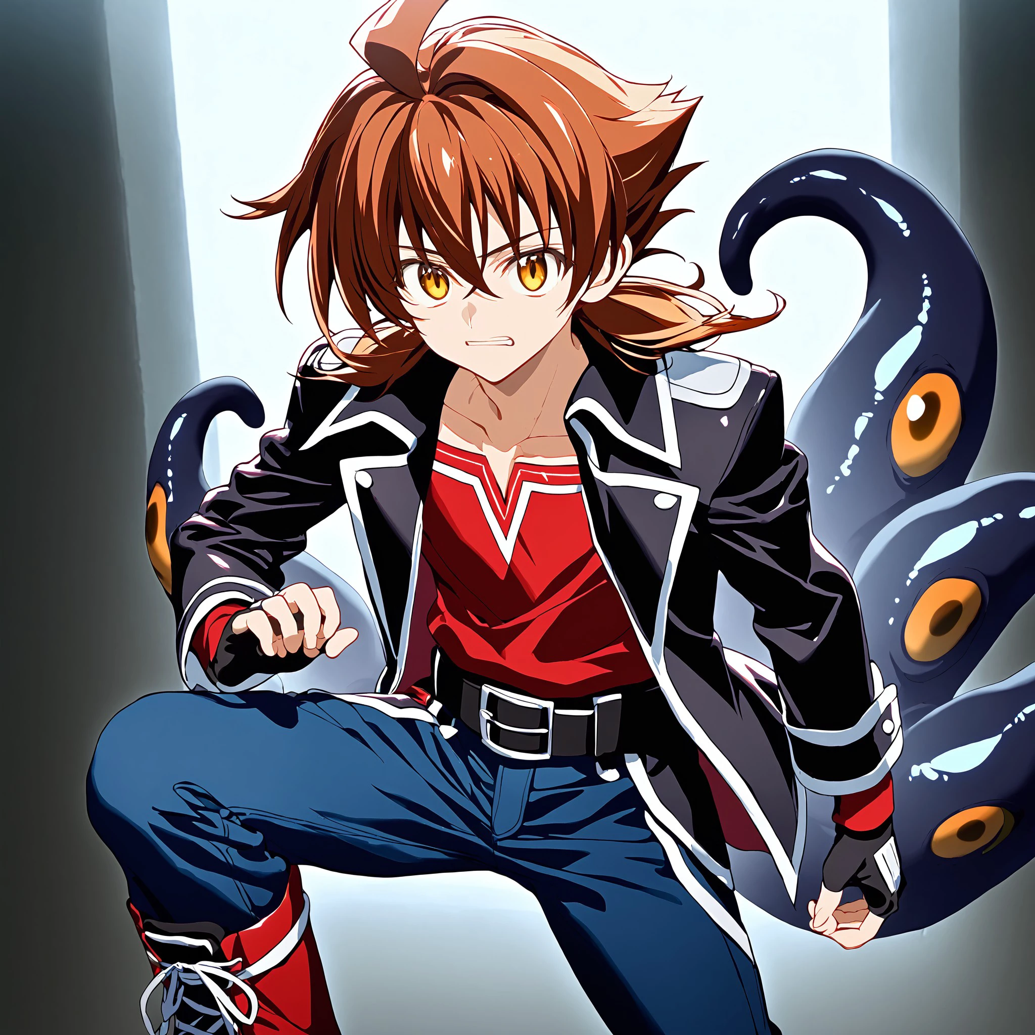 (Masterpiece 1.5),(highres 1.5),perfect face, , 1boy, issei_hyoudou, brown hair, brown eyes, hair between eyes, fit body,  brown hair, brown eyes, hair between eyes,Young man with spiky brown hair, intense brown eyes Wearing long sleeve black shirt Stylishly ripped light blue jeans Black leather belt with silver buckle Fingerless black leather gloves on hands Black leather combat boots Powerful muscular build, broad shoulders Posing powerfully with fists clenched Flanking Issei on each side: Sinister hulking black dogs with multiples eyes and mouths Jagged teeth and tentacles emerging from inky flesh Eldritch horror style straight from Lovecraft's visions Dark mist swirling around their ethereal bodies Scene description: Very high quality, extremely detailed anime rendering Dramatic ominous lighting spotlighting Issei Dark void background to frame him and dogs
, Dxd light novel style, <lora:5fb77d04-3598-4d99-bd06-f6aebdafe396:0.9>, <lora:2848fb23-d446-4028-910f-51b3d52f840f:0.7>, <lora:6d955744-5124-487d-86d1-4475b71d8ccd:0.7>