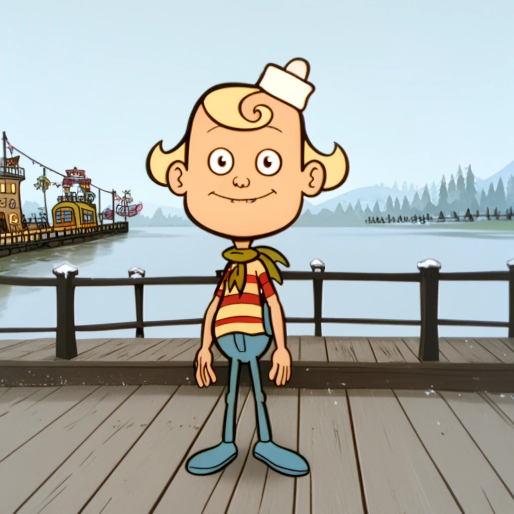 <lora:Mission_Hill_1999_PonyXL-000010:1.0>mission_hill,   <lora:PonyXL_Flapjack:1.0> flpjck, toon \(style\), 1boy, blonde hair, striped shirt, scarf, hat, blue pants, full body, standing, looking at viewer, on a wharf dock, source_cartoon, score_9, score_8_up, score_7_up,