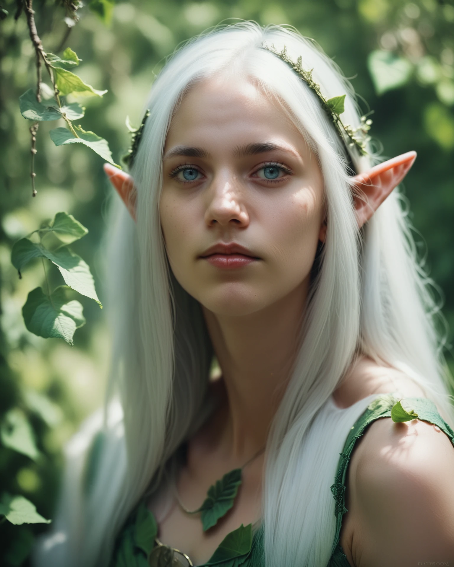 score_9, score_8_up, score_7_up, portrait of elf woman, photography, detailed blue eyes, face portrait, white hair, long hair, green leaf dress