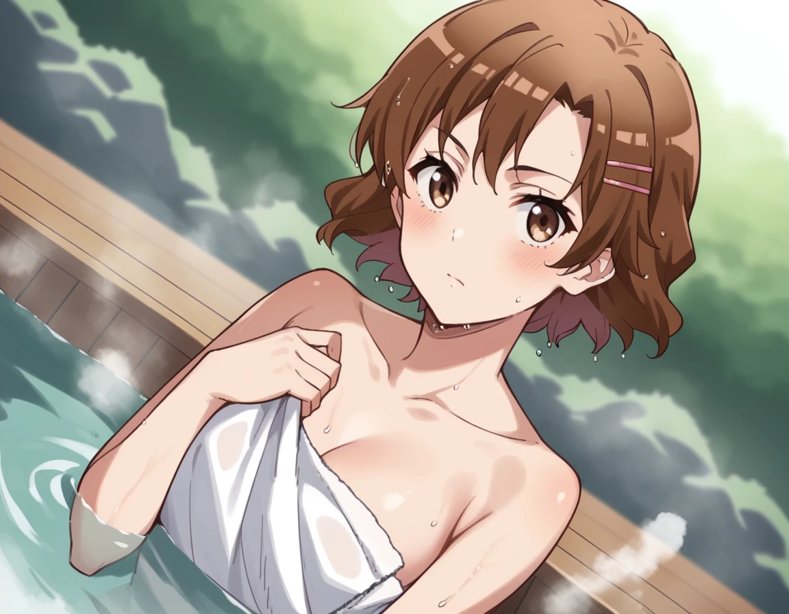 (((pixel perfect, detail perfect))), alone, 1 girl, Misaka Mikoto, ((naked)) , bow, looking at the viewer,  closed mouth, Upper body、(Breast Exposure、Nipple exposure)、（normal breasts、normall Boobs）、(((pixel perfect, detail perfect))), alone, 1 girl, Misaka Mikoto, tokiwadai , bow, looking at the viewer,, full body、(Breast Exposure、Nipple exposure)、((Small 、normal breasts))、smile、hot spring、nose blush、Facing forward、Bring your arms together、Showing nipples