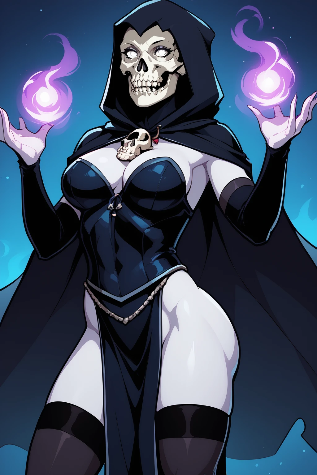 score_9, score_8_up, score_7_up, masterpiece, high quality, BREAK
 <lora:Mistress DeathPonyLoRA:1>mstrssdeth, hood up, hooded cloak, colored skin, (skull head), white eyes, no pupils, elbow gloves, bustier, cleaverage, thighhighs, pelvic curtain, smile, white skin, skull, magic
 <lora:CherryMouseStreetStylePonyLyco:1> 1girl, uncensored, solo