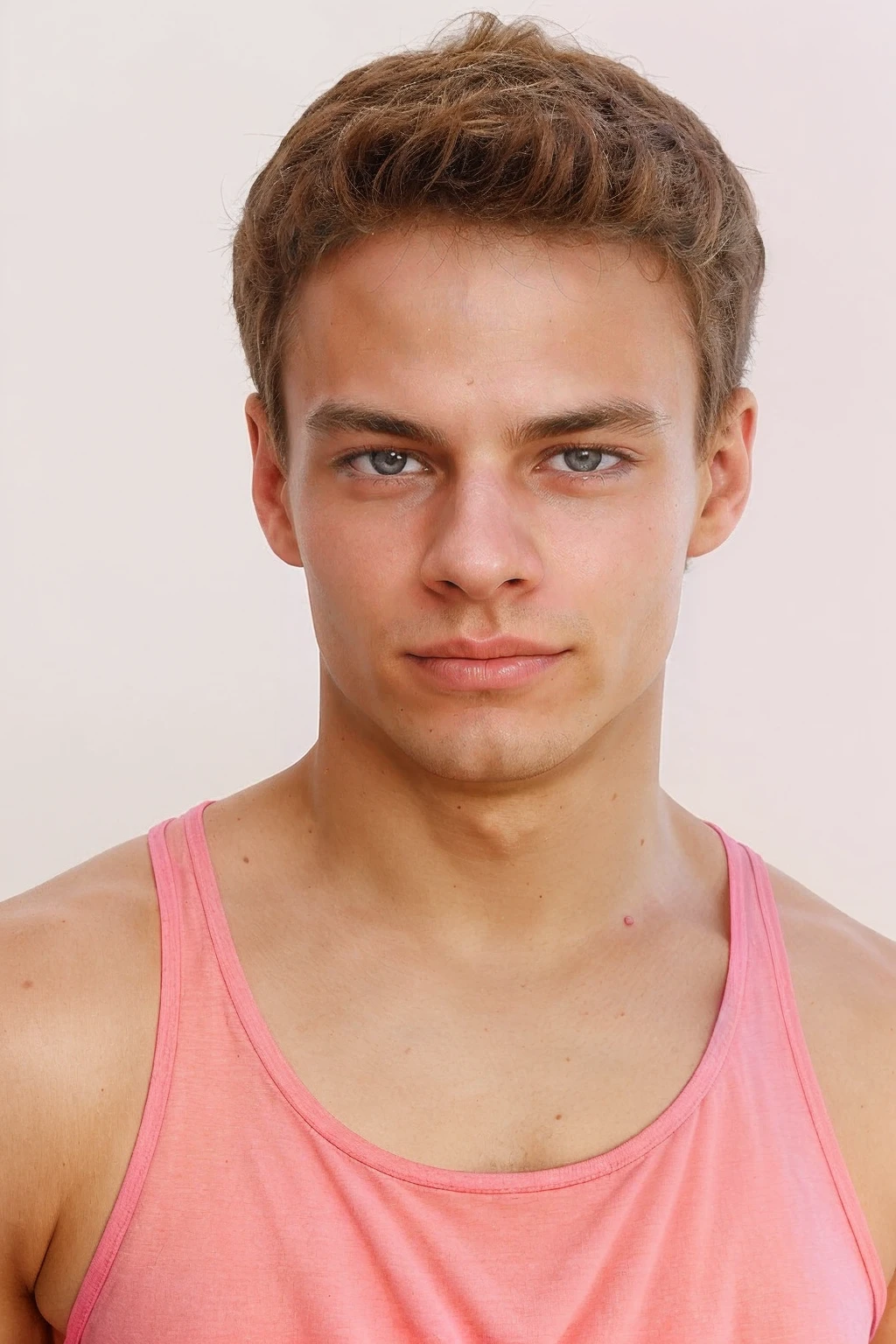 close-up headshot photo of mattperson <lora:Matt_epoch_4:1> wearing pink-tank-top, white background, upper body, smirk