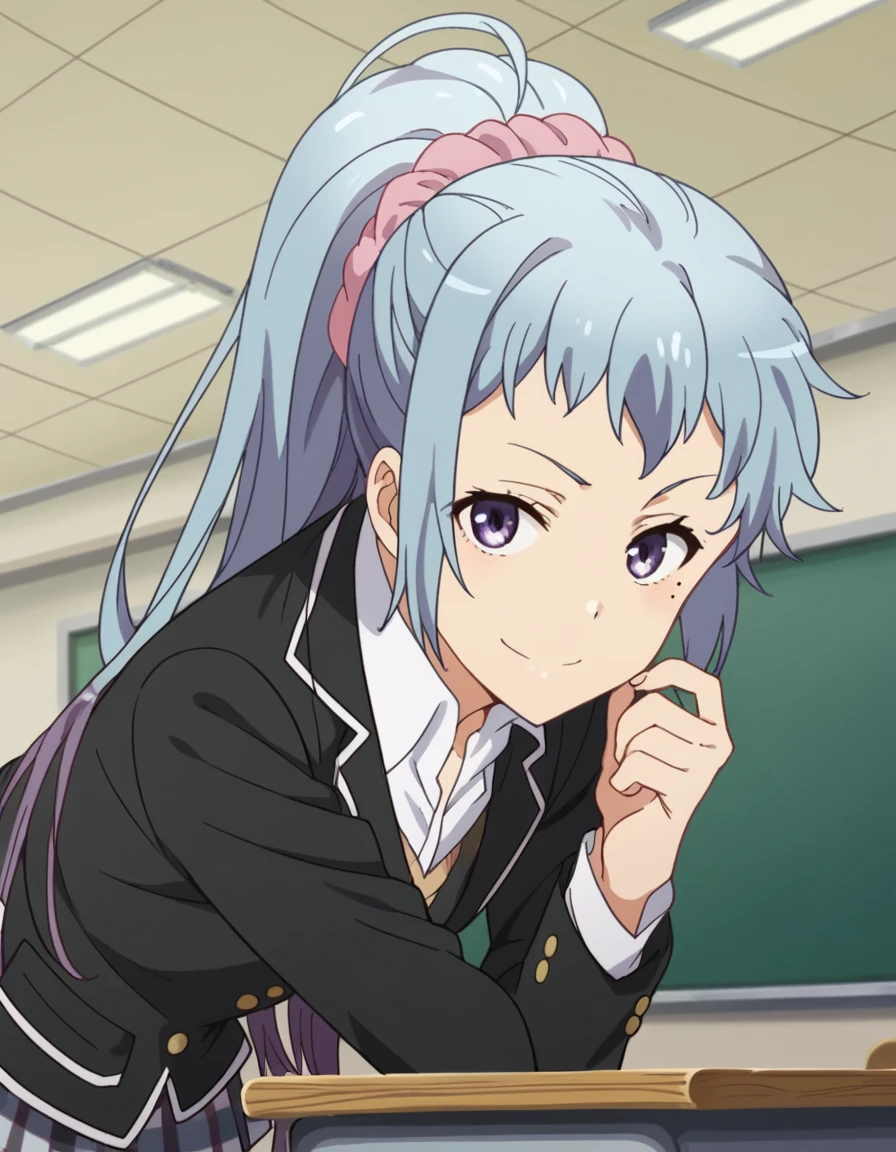 score_9, score_8_up, score_7_up, source_anime,
sakikawasaki, <lora:saki-kawasaki-s2s3-ponyxl-lora-nochekaiser:1>,
saki kawasaki, long hair, hair ornament, blue hair, purple eyes, ponytail, mole, mole under eye, scrunchie, hair scrunchie, pink scrunchie,
skirt, ribbon, school uniform, jacket, black jacket, plaid, plaid skirt, blazer, sobu high school uniform,
indoors, classroom, bent over, smile,
looking at viewer, cowboy shot, solo, dutch angle,