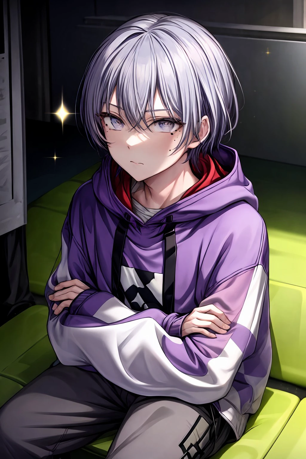 (masterpiece), best quality, expressive eyes, perfect face, toya,  shirt, ong sleeves, bow, sitting, closed mouth, jacket,  open clothes, solo focus, pants, hood, mole, mole under eye, sparkle, hoodie, crossed arms, +_+, purple jacket, <lora:08a29a0d-24a5-4c80-9eec-7c880dc8da88:0.7>, <lora:more_details:0.7>