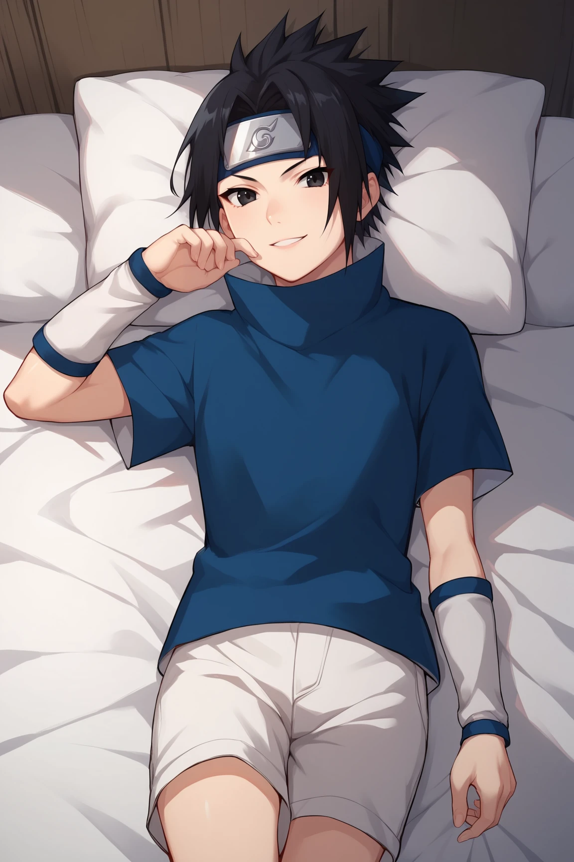 score_9, score_8_up, score_7_up, score_6_up, score_5_up, score_4_up, SasukeGEXL, black eyes, black hair, short hair, spiked hair, parted bangs, forehead protector, high collar, blue shirt, short sleeves, detached sleeves, white shorts, solo, lying on bed, seductive smile, looking at viewer, indoors <lora:SasukeGEXL:0.8>