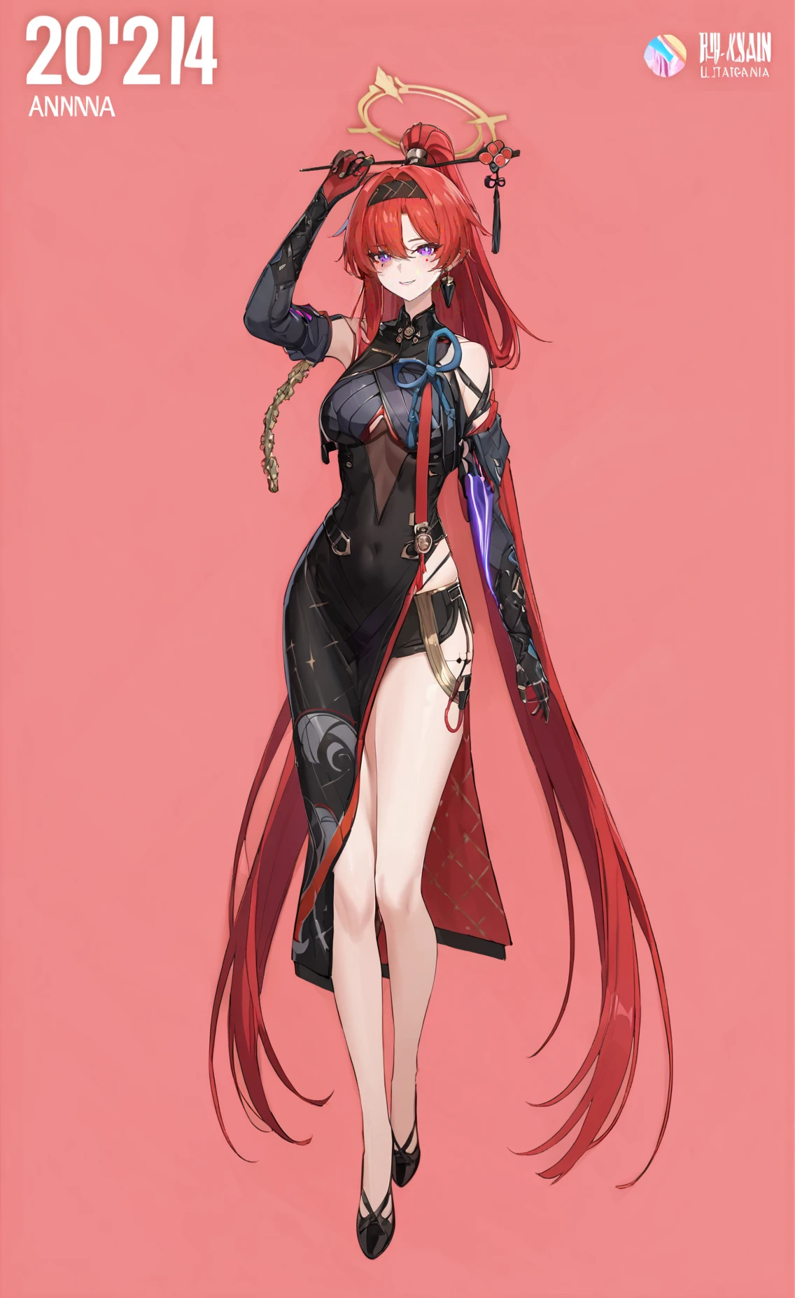 ((1girl, solo)), beautiful body, (perfect anatomy, perfect body, perfect hands, perfect legs), natural proportions, sexy body, large breasts, ((full body, full body front)) BREAK
((extremely detailed face)), (beautiful detailed eyes:1.6), (realistic pupils, realistic iris:1), expressive eyes, looking at viewer, (clear eyes:1.3), (hyperrealistic:1.2), (detailed skin texture:1.2), smooth skin, ((purple eyes)), (red hair:1.5), long hair, very long hair, high ponytail, bangs, sidelocks, ((drill earrings)), hair ornament, hair stick, ((black hairband)), ((mature female)), ((little smile)), (detailed lips:1.2), (attractive lips:1.1), (glossy lips:1.1), (parted lips), perfect face, perfect eyes BREAK
(masterpiece:1.5), anime-style, top quality, best quality, (beautiful and aesthetic:1.2), (ultra detail:1.5), Ultra-detailed depiction, Ultra-precise depiction, extremely detailed 8k illustration, high resolution, (highly detailed shading:1.2), (realistic lighting:1.4), perfect lighting, vibrant colors, dynamic tones, striking hues, 8k, absurd resolution, perfect shadows, hdr, UHD, ambient lighting, realistic, ultra-realistic, photo realistic, highly detailed, rich detail, luminous colors, fine texture, intricate design, professional illustration, (soft light:1.2), (illustration:0.7)