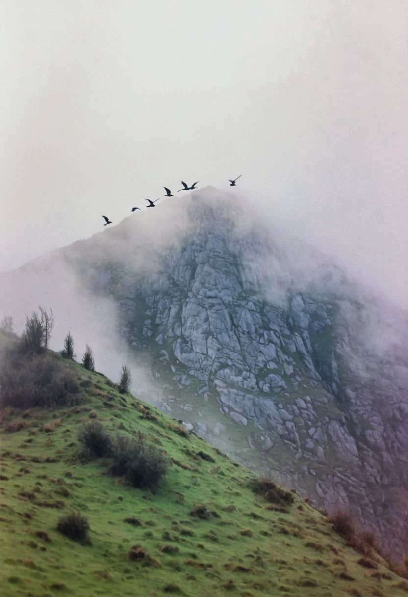 soaked_kaffee, instagramphoto, a foggy mountain somewhere in europe with some birds in the sky, soft shadows, filmgrain