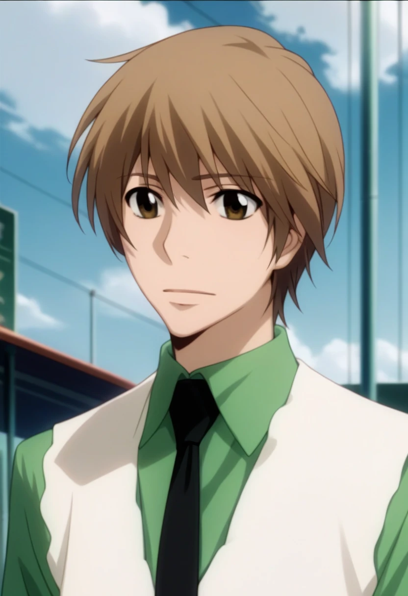 score_9, score_8_up, score_7_up, score_6_up, highly detailed, masterpiece, best quality,detailed,intricate details, amazing quality, best aesthetic, absurdres,source_anime,Futa_tyl, brown hair, brown eyes, green shirt,collared shirt, necktie, 1boy, white vest<lora:EMS-397379-EMS:1.000000>