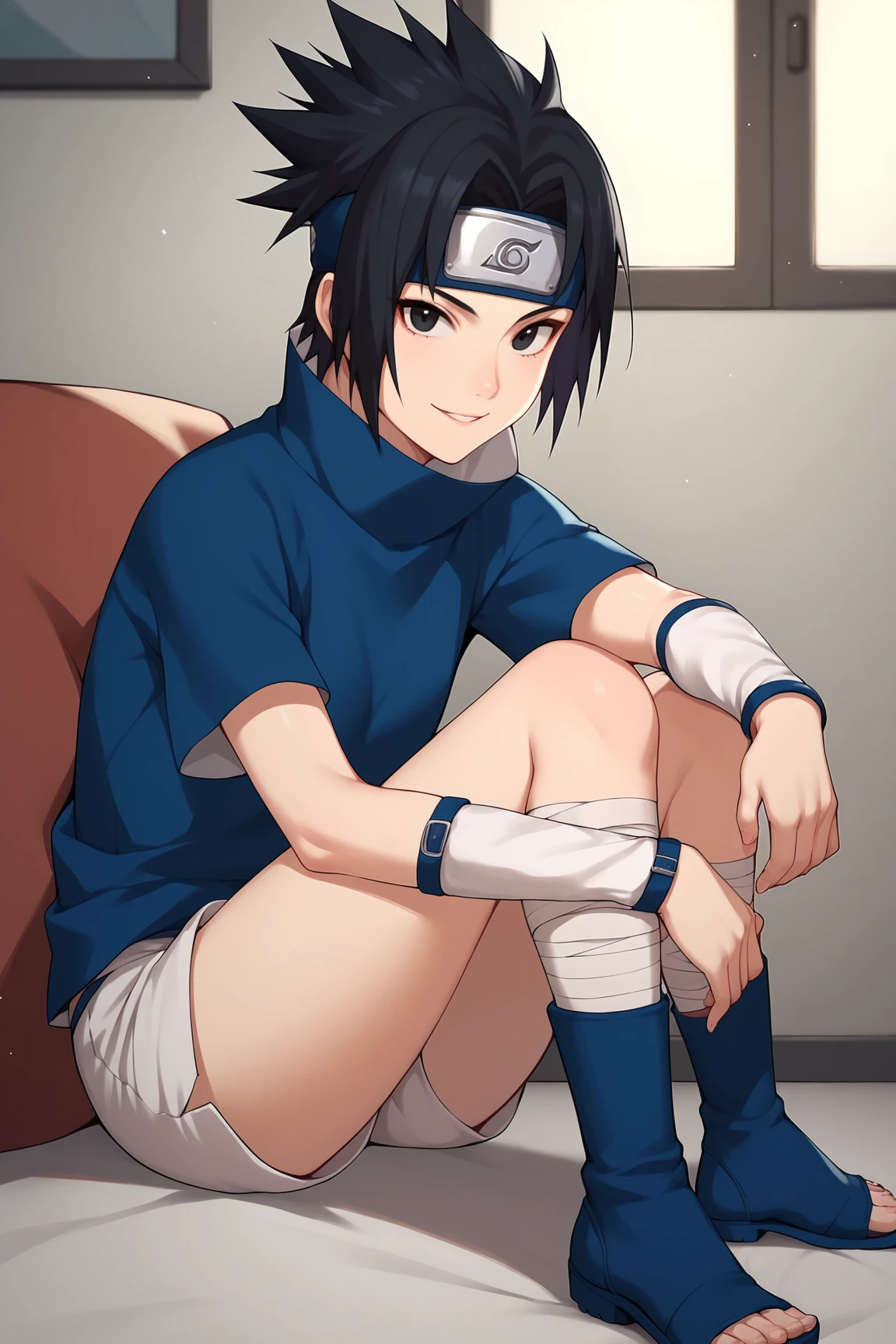 score_9, score_8_up, score_7_up, score_6_up, score_5_up, score_4_up, SasukeGEXL, black eyes, black hair, short hair, spiked hair, parted bangs, forehead protector, high collar, blue shirt, short sleeves, detached sleeves, white shorts, blue footwear, legs bandages, toeless footwear, solo, sitting, seductive smile, looking at viewer, indoors <lora:SasukeGEXL:0.8>