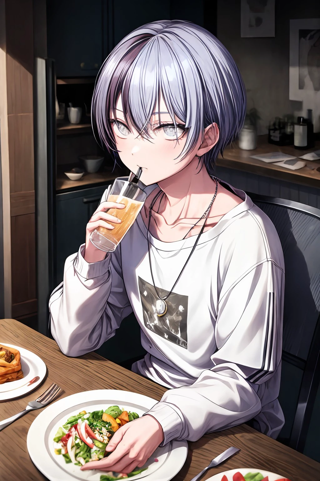 (masterpiece), best quality, expressive eyes, perfect face, toya, shirt, black hair, long sleeves, holding, jewelry, sitting, collarbone, white shirt, flower, white hair, food, indoors, necklace, cup, chair, table, bottle, knife, white flower, red flower, clothes writing, plate, drinking glass, fork, glass, salad, <lora:08a29a0d-24a5-4c80-9eec-7c880dc8da88:0.7>, <lora:more_details:0.7>