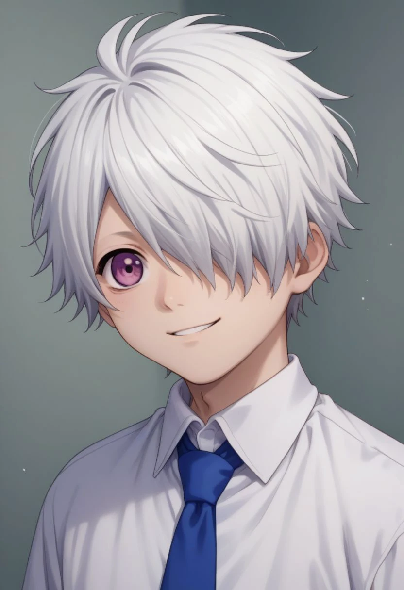 score_9, score_8_up, score_7_up, source_anime, highly detailed, human child,
lag, 1boy, male focus, solo, hair over one eye, white hair, purple eyes, smile, blue necktie, white shirt, 
indoor,