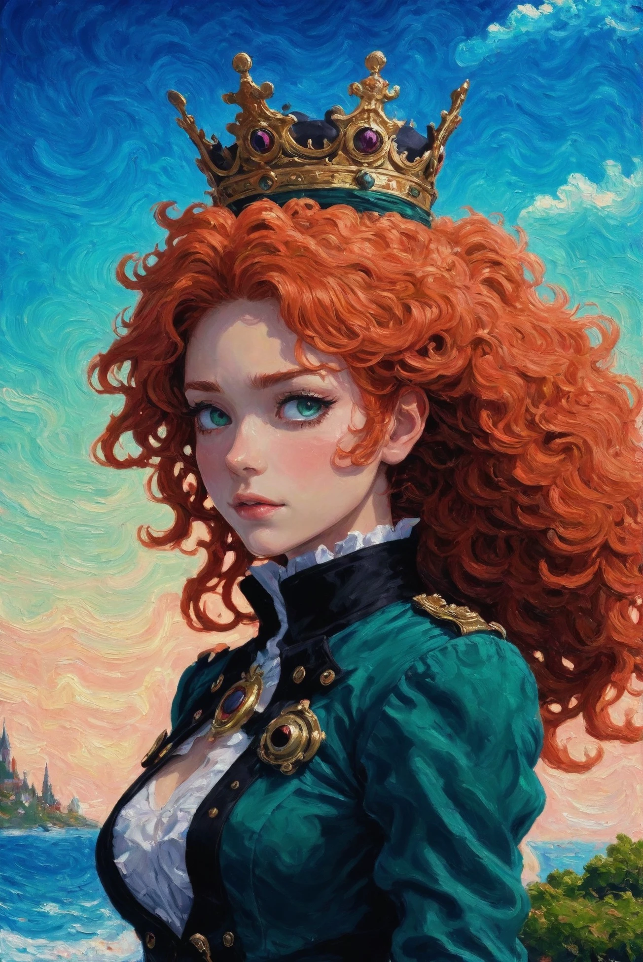 <lora:EnvyStarlightSwirlOilPainting01:1.25:hr=2>oil painting, ominous steampunk, anime style, 1girl, woman, female jrpg final boss, (huge opulent crown:1.3),(high collar:1.3), bombshell hair, ultraviolet and peach hair with sea green highlights, curly hair, long hair, average figure, caucasian, infinite,cheerful fantasy sky city beyond the end of time