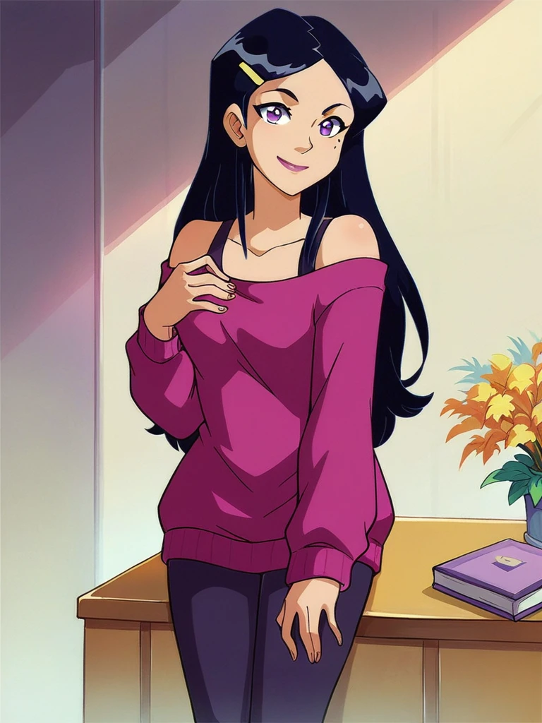 score_9, score_8_up, score_7_up, 
1girl, mandy ts, black hair, long hair, parted bangs, hairclip, purple eyes, mole under eye,

sitting, indoors, looking at viewer, smile, 

purple sweater, sweater dress, off-shoulder sweater, bra strap, black leggings, standing, 

