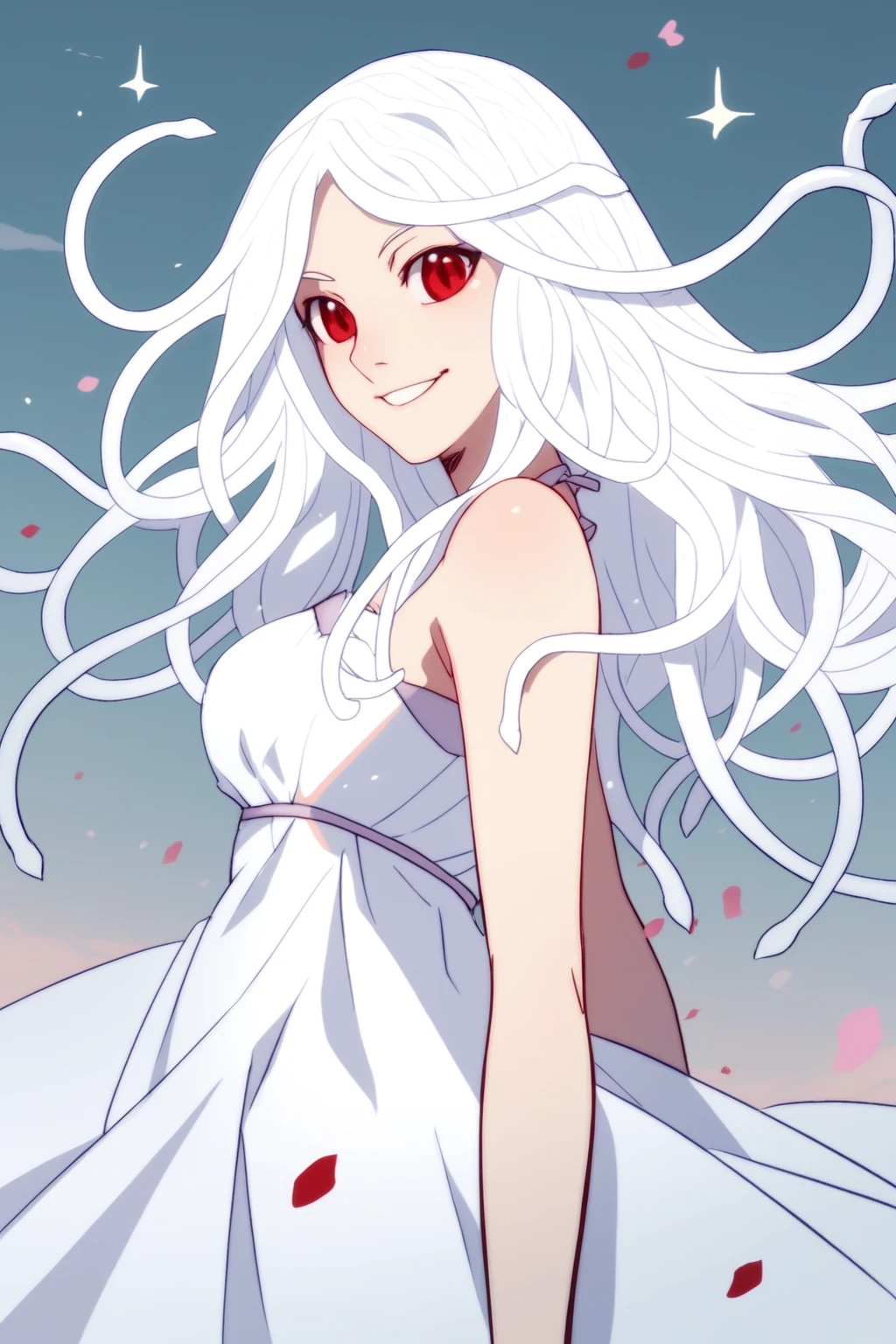 (score_9,score_8_up,score_7_up,),<lora:nadeko-000025:1>,nadeko white,white hair,long hair,red eyes,snake hair,white dress,(portrait:1.1),evil smile,