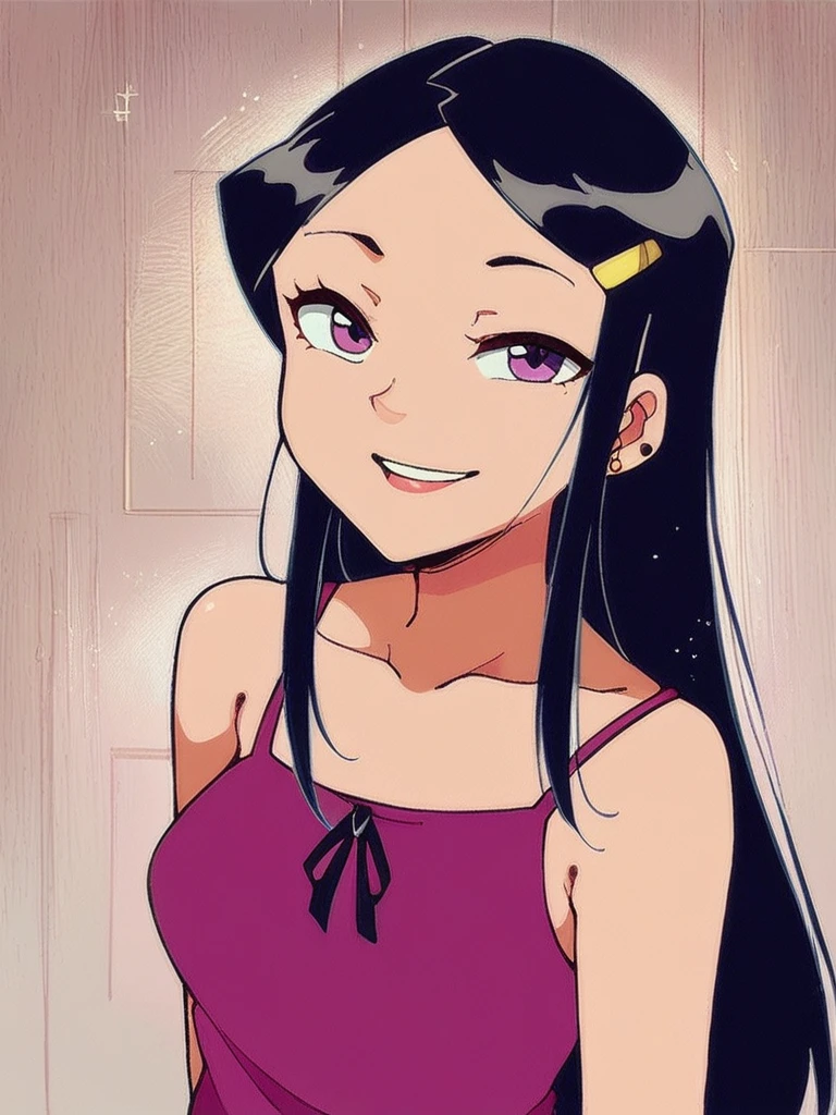 score_9, score_8_up, score_7_up, 
1girl, mandy ts, black hair, parted bangs, long hair, hairclip, purple eyes, mole under eye, 

smile, looking at viewer, narrowed eyes, purple camisole, [sakamata nerimono]
