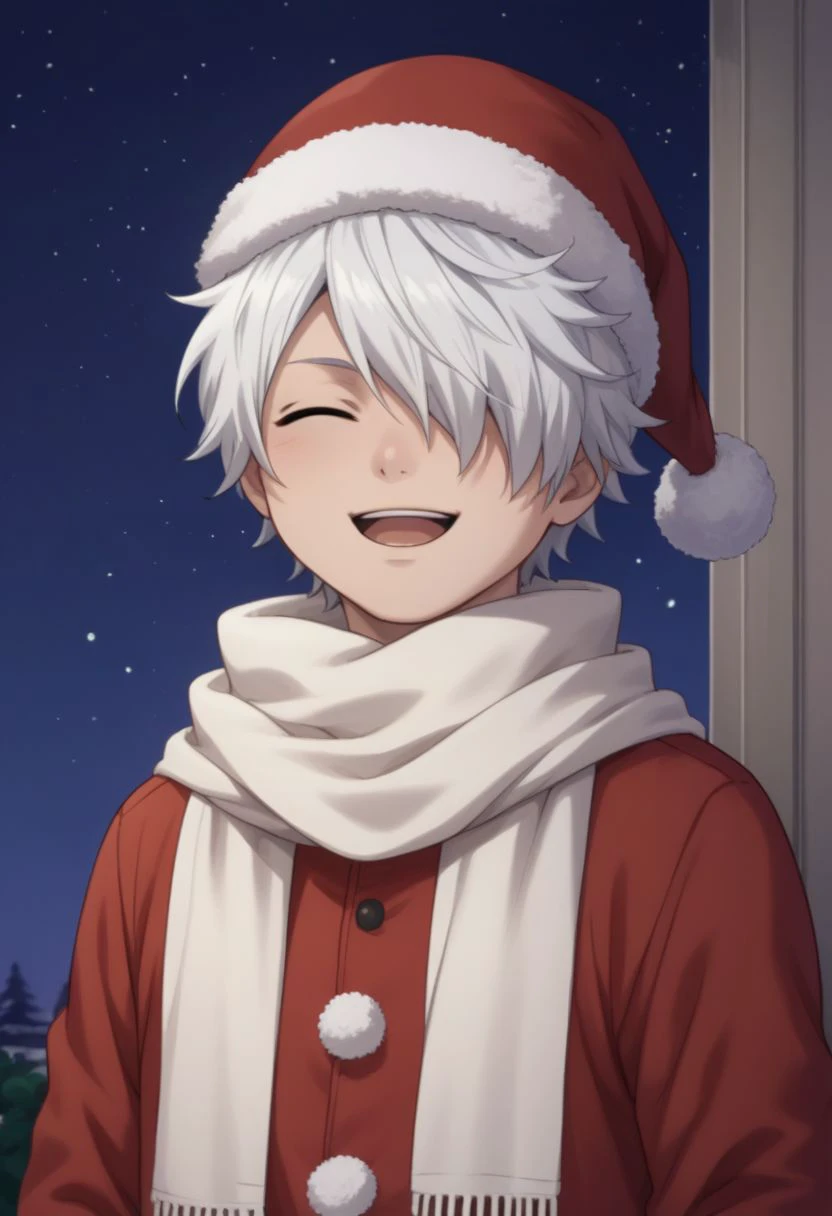 score_9, score_8_up, score_7_up, source_anime, highly detailed, human child,
lag, 1boy, solo, male focus, closed eyes, hair over one eye, smile, open mouth, scarf,
parody, white hair, white scarf, santa costume,
outdoor, night sky,