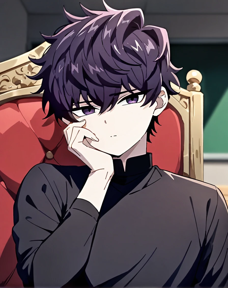 masterpiece, best quality, very aesthetic, absurdres, very detailed, safe, depth of field, ((1boy, solo, male only, male focus, upper body)),  <lora:komi_shousuke_sdxl_lora:0.8>, (komi shousuke, purple hair, purple eyes, short hair, hair between eyes, bangs, pale skin), black shirt, sitting, throne, red cushion, hand on own face, classroom,  <lora:Lightning-8:0.8>