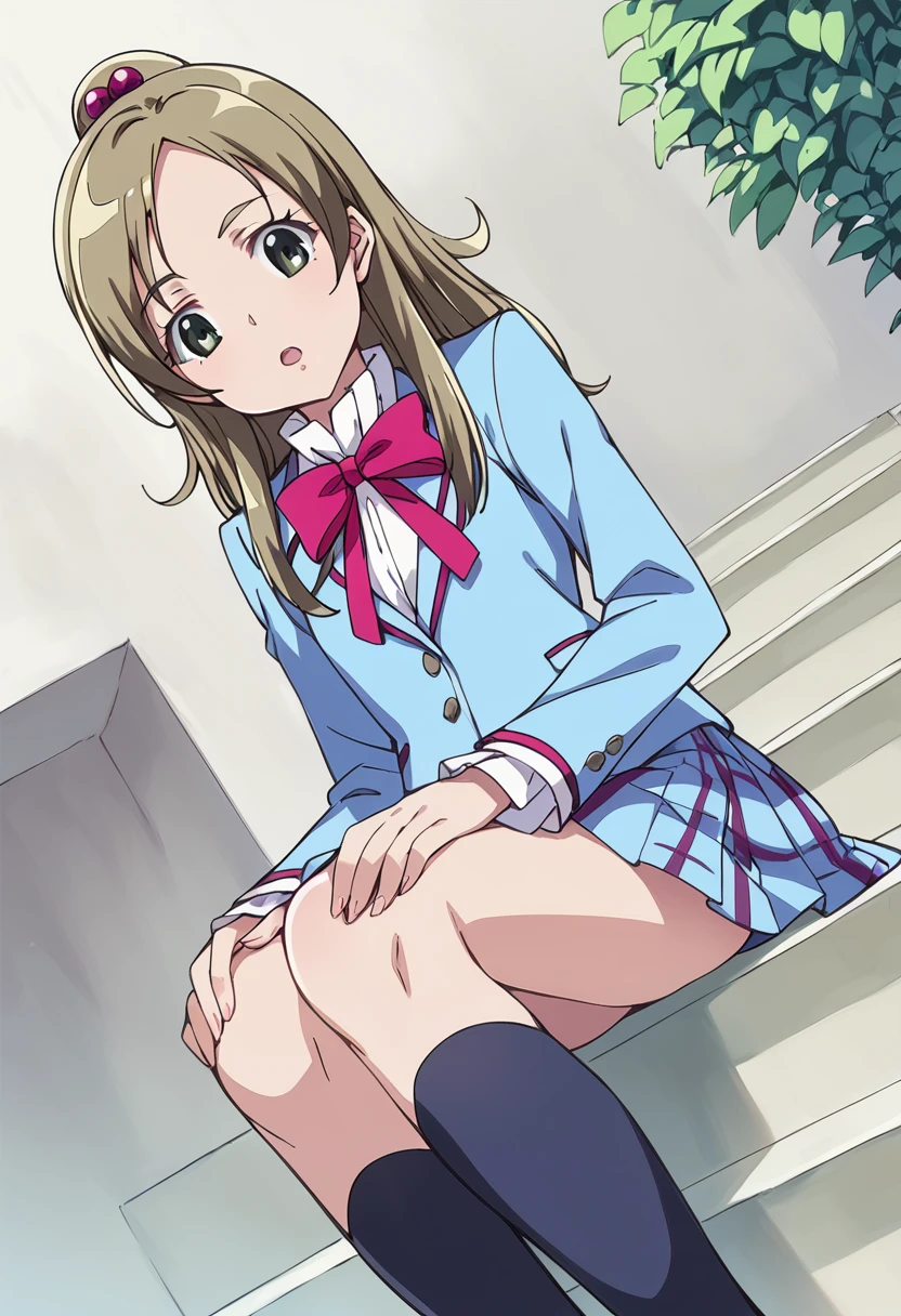 score_9, score_8_up, score_7_up, source_anime BREAK
minamino kanade, aria gakuen school uniform, 1girl, long hair, brown hair, blue shirt, green eyes, half updo, solo, sitting, open mouth, hair ornament, hair bobbles, pink bow, eyelashes, blazer, blonde hair, looking at viewer, kneehighs, socks, bowtie, d:, blue jacket, pleated skirt, from below, plaid skirt, dutch angle, black legwear, indoors, long sleeves, :o, blue skirt, white shirt, hands on own knees, miniskirt, looking down, pink neckwear, shiny hair, blue legwear, ponytail, stairs, sitting on stairs
<lora:cure_rhythm_minamino_kanade_sdxl_locon_pony_v1:0.7>