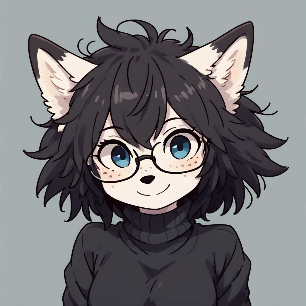 midna, fox ears, fox girl, eyewear, freckles, turtleneck, smile, black hair, messy hair, blue eyes, simple background, by yagi the goat