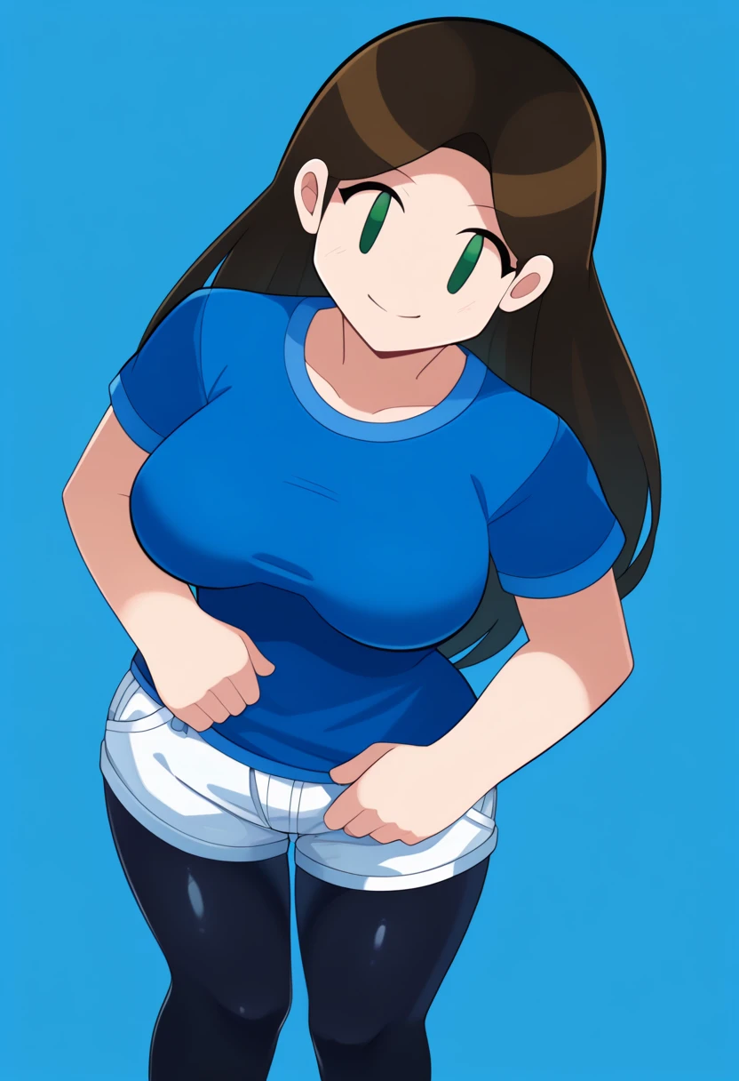 score_9, score_7_up, hd, (ultra hd quality details), blue background,
solo, 1girl, sdlggy, large breasts, long hair, parted bangs,
blue shirt, short sleeves, pantyhose under shorts, black pantyhose,
looking at viewer, smile,
from above, upper body,
<lora:_shadowleggy_oc-elesico-e09:1>