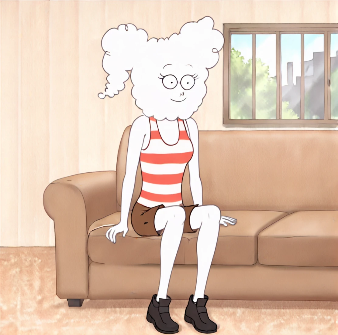 striped, tank top, brown shorts, black footwear, 1girl, solo, living room, sitting on couch, white skin, solo, detailed background, window, cj, tank top, brown shorts, black shoes, <lora:CJXLv5:0.8>