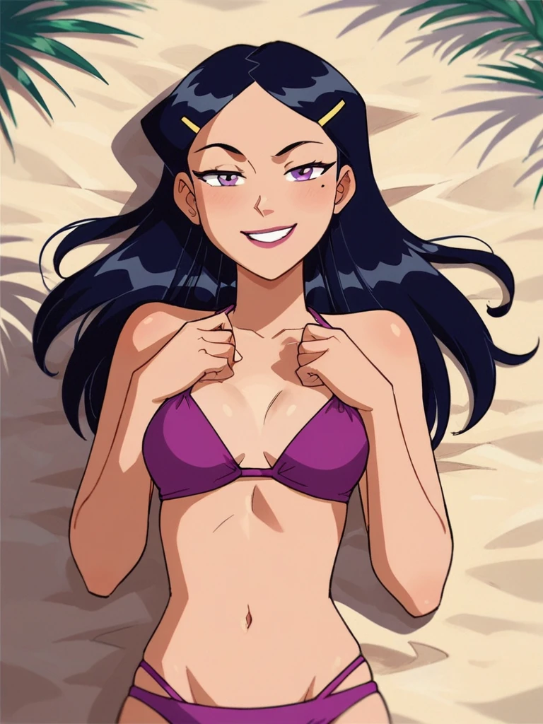 score_9, score_8_up, score_7_up, 
1girl, mandy ts, black hair, parted bangs, long hair, hairclip, purple eyes, mole under eye, 

smile, looking at viewer, narrowed eyes,

lying, on back, beach, sand, purple bikini,
