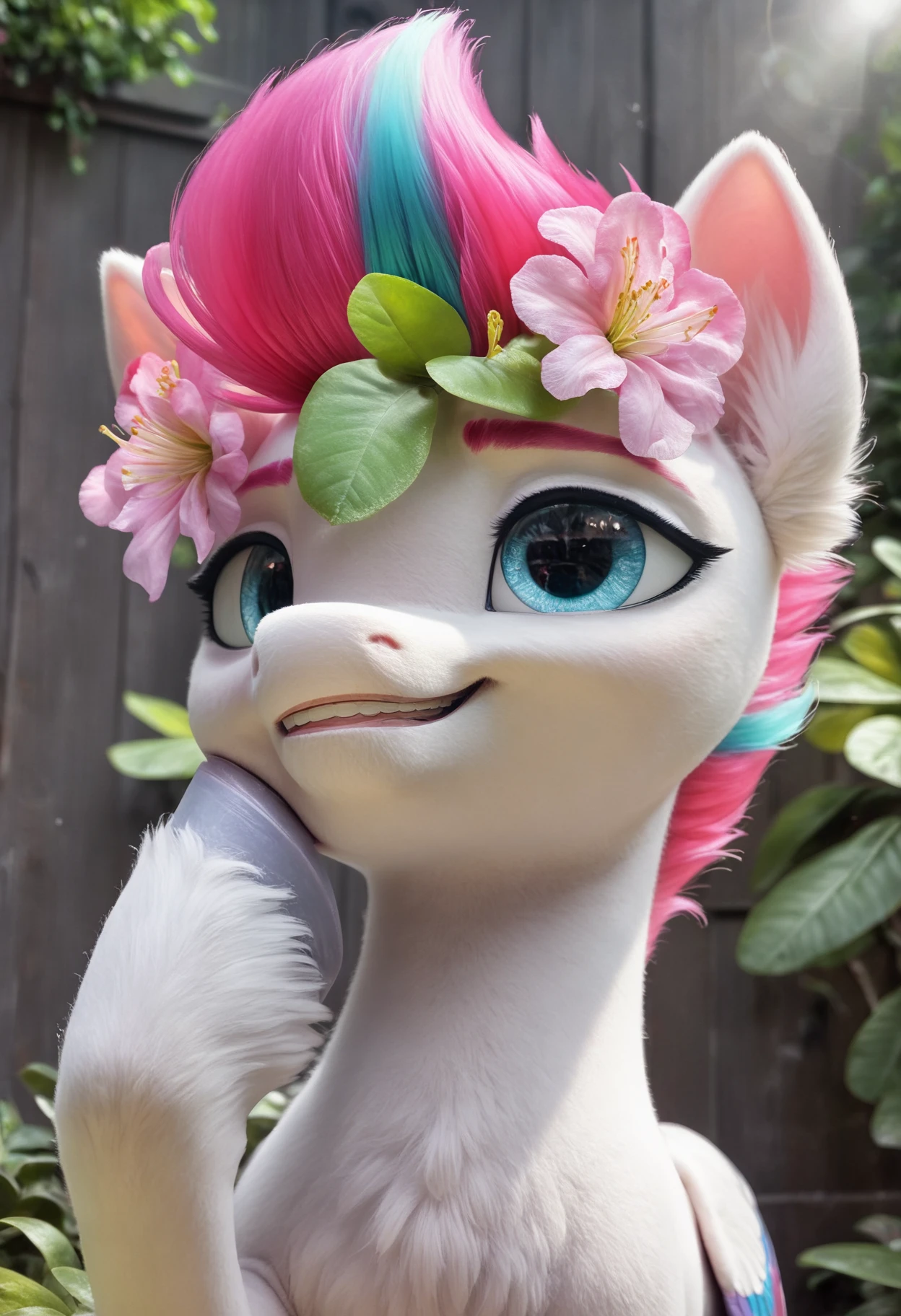 score_9, score_8_up, score_7_up, photo of fl0rRos1ta flower bush, Zipp Storm, cute, little, fuzzy pony, fur, high quality, detailed, beautiful, shiny, adorable face, detailed beautiful eyes, diadema, sunlight, outstanding, countershading, detailed soft lighting, ear fluff, hoof on face, vintage, realistic, photography, cinematic, cinema still, volumetric lighting <lora:fl0rRos1ta_v111-000003:0.8>