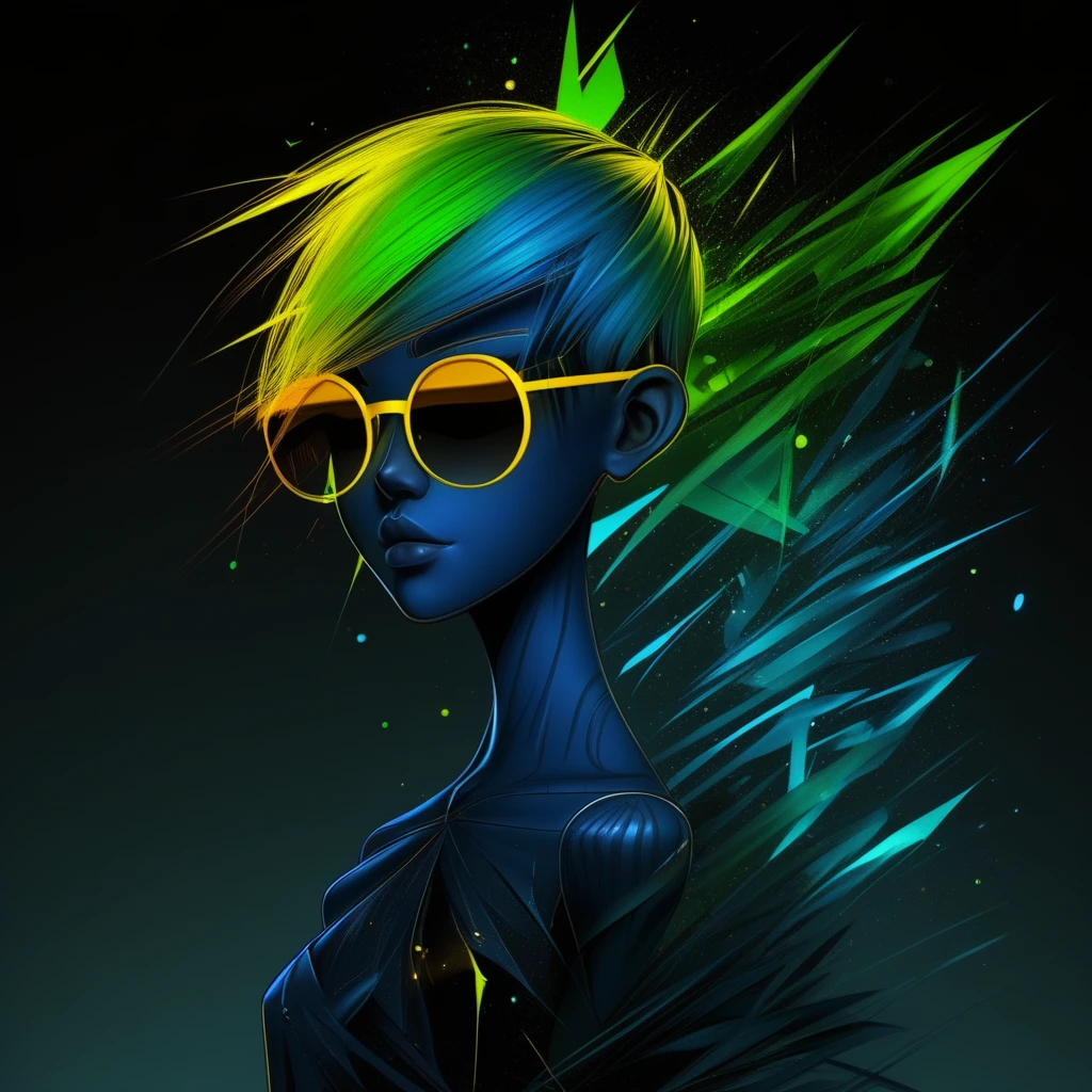 blue skin, virtual youtuber, bamboo, watering can, ferris wheel, blue hair, shooting star, campfire, round eyewear, upper body